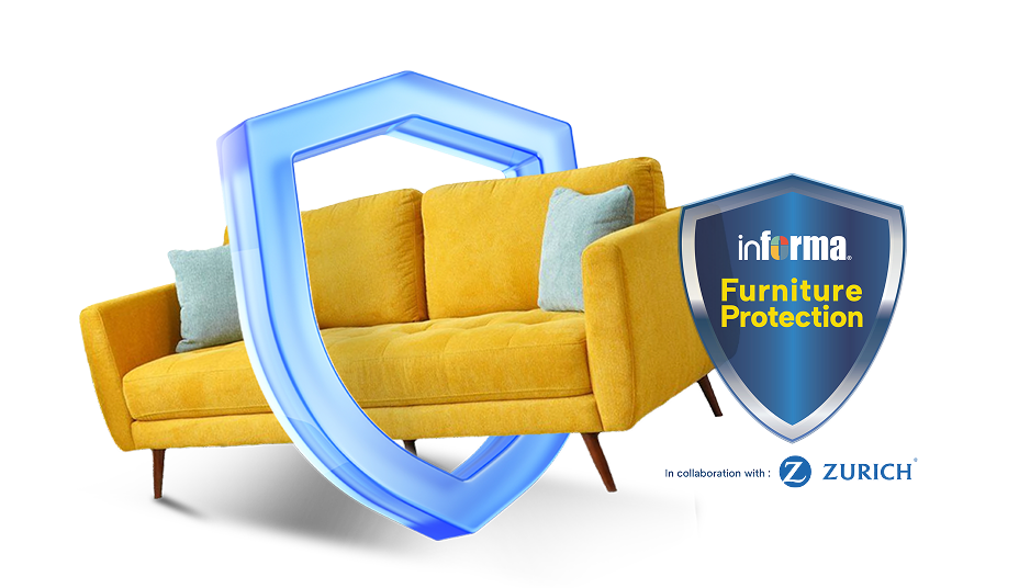 Sofa kuning dilindungi perisai Furnipro, INFORMA Furniture Protection powered by Zurich